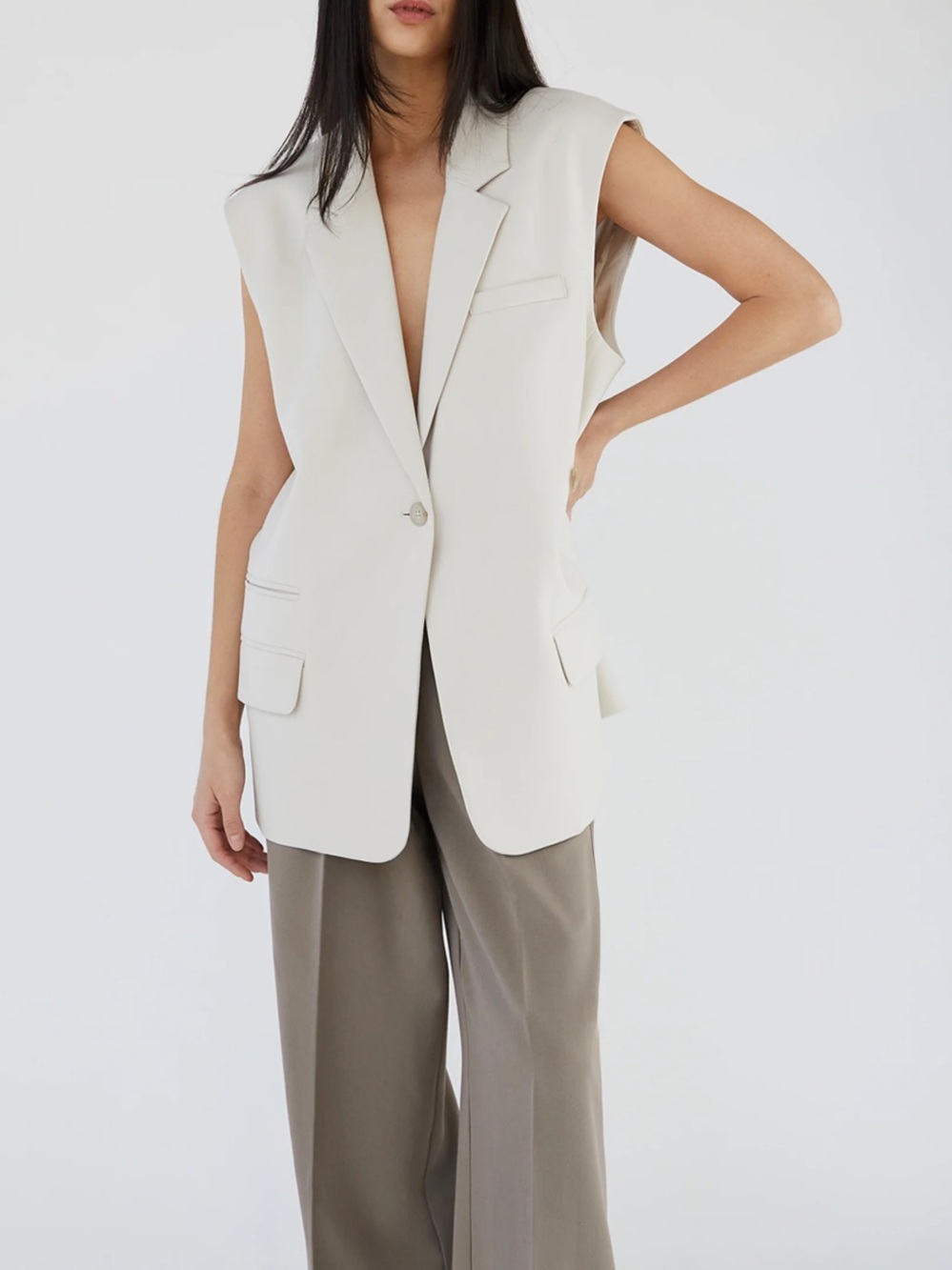 Oak + Fort Oversized Longline Sleeveless Blazer Vest Beige S